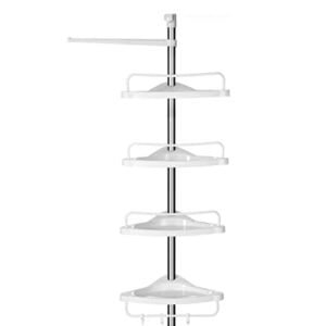 Hvid justerbar hjørnehylde til badeværelset med teleskopisk design.