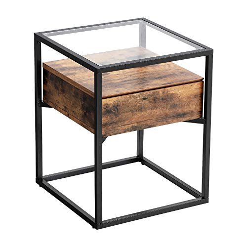 Vasagle sidebord, tempereret glasende bord, stabil stålramme, rustik brun og sort 1 sidebord