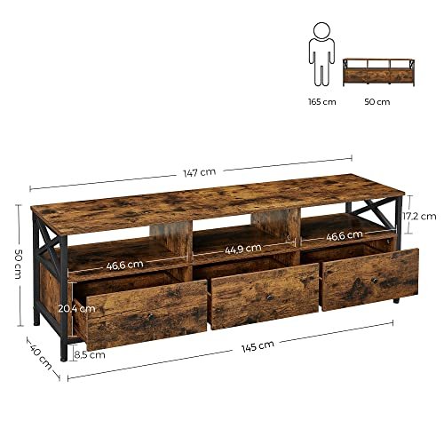 VASAGLE tv stander, tv-skab, tv-bord med 3 skuffer, rustik brun og sort 5 VASAGLE tv stander, tv-skab, tv-bord med 3 skuffer, rustik brun og sort - Billede 5