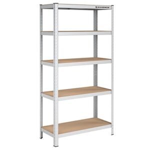 Stålreol til opbevaring med 5 hylder, sølvfarvet, robust design.