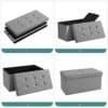 Lysegrå ottomansk opbevaringskiste med polstret top og opbevaringsrum.