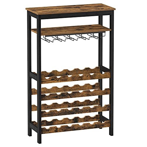 Vinreol 24 Vinflasker Stående Flaskereol med Glasholder til Køkken Bar Spisestue Vintage Brun Sort 1 Vinreol 24 Vinflasker Stående Flaskereol med Glasholder til Køkken Bar Spisestue Vintage Brun Sort