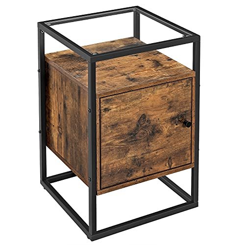 VASAGLE natbord, sengeskab, glas sidebord med skab, endebord, rustik brun 1 natbord