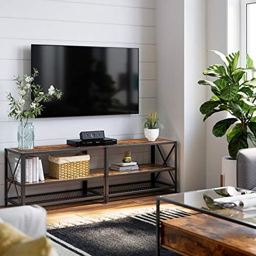 VASAGLE tv-stativ, tv bord til tv op 70 tommer, med hylder, stålramme, rustik brun 2 VASAGLE tv-stativ, tv bord til tv op 70 tommer, med hylder, stålramme, rustik brun - Billede 2