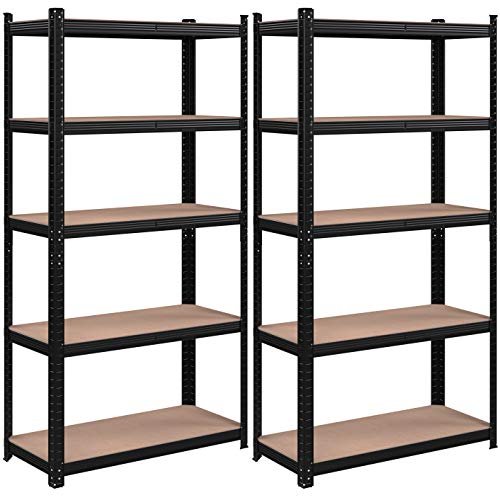 5 Etagers Reoler, Sæt med 2 Stålreoler til Opbevaring, Værktøjsfri Montering, til Garage, Skur, Bæreevne 875 Kg, 40 X 90 X 180 Cm, Sort 1 stålreoler