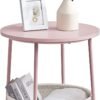 VASAGLE Lille rundt sofabord, sidebord med stofkurv, opbevaring, pastelrosa/sky hvid - Billede 2