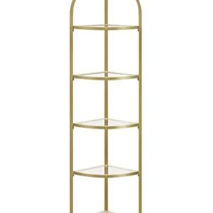 Vasagle Corner Shelf Stand, 5 -lags hjørne boghylde, tempereret glashylder, moderne stil, plantestativ med stålramme til stue, soveværelse, køkken, badeværelse, gylden farve ulgt810a01