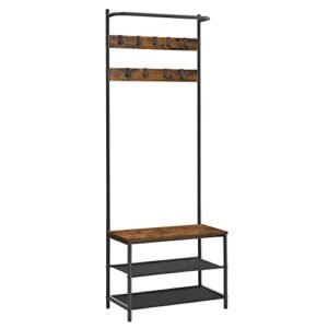 Vasagle HSR411B01 tøjstativ frakke rack med 9 aftagelige kroge bænk industriel design til gangen soveværelse vintage brun sort