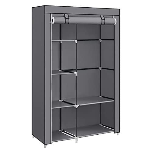 Songmics stofgarderobe, tøjopbevaringsarrangør, 6 hylder, 1 hængende jernbane, ikke-vævet stof, metalramme, 45 x 105 x 168 cm, til soveværelse, omklædningsrum, grå RYG085G02 1 Stofgarderobe med 6 hylder og jernbane til tøjopbevaring.