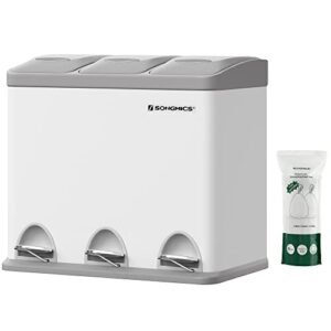 Songmics Pedal Bin, 3 X 8L Recycling Bin, 3-Compartment Metal Rubbish Bin, Waste Separation til Kitchen, Inkluder 15 skraldesposer, let at rense, stål, hvid og grå LTB24WT