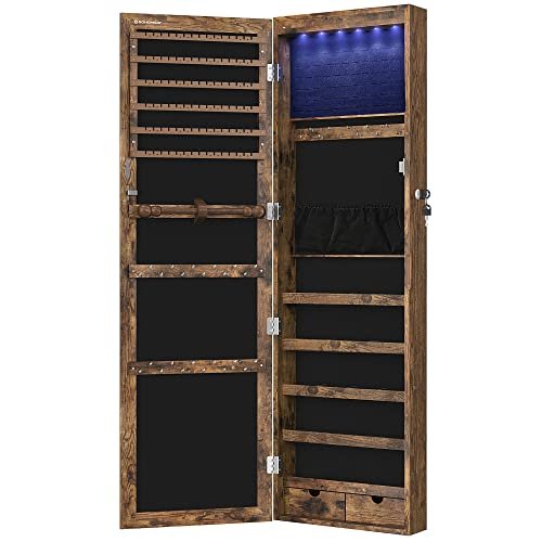 Songmics Jewellery Cabinet Armoire, låsbar vægmonteret opbevaringsarrangørenhed til halskædeørering, med spejl og forskellige rum, rustik brun JJC93CB 1 Songmics Jewellery Cabinet Armoire, låsbar vægmonteret opbevaringsarrangørenhed til halskædeørering, med spejl og forskellige rum, rustik brun JJC93CB