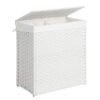 Songmics håndvævet vaskeri, 110L Synthetic Rattan Opdelt tøj Hamper med låg og håndtag, sammenfoldelig, aftagelig foringspose, hvid LCB52WT