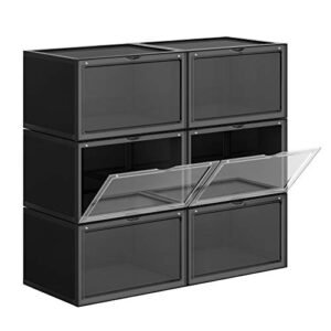 Songmics -skobokse, pakke med 6 stable skoarrangører med klar dør, plastskoopbevaring til britisk størrelse 11, 36 x 28 x 22 cm, sort LSP06CB