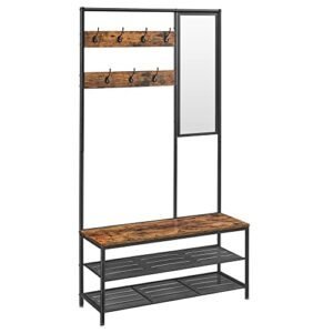 Jernstativ med spejl, hylder og knager i rustikt design.