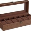 Songmics Watch Box med 6 slots, urkasse med glaslåg, fløjlsurpuder, urholder med lås, 11,2 x 30 x 8 cm, gaveide, brun syntetisk læder, brun foring JWB006K01