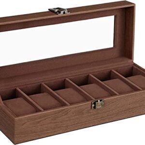 Songmics Watch Box med 6 slots, urkasse med glaslåg, fløjlsurpuder, urholder med lås, 11,2 x 30 x 8 cm, gaveide, brun syntetisk læder, brun foring JWB006K01
