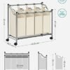Songmics rullende vaskeri Sorter, vaskeri med 4 aftagelige poser, vaskeri hæmmer, vaskeri, til vaskerum, soveværelse, badeværelse, 4 x 35L, beige LSF005s - Billede 6
