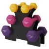 Songmics hex -håndvægte indstillet med stativ, 2 x 1 kg, 2 x 1,5 kg, 2 x 2 kg, håndvægte med neopren mat finish, til hjemmeøvelse, gul, lyserød og lilla syl609b02