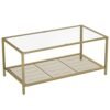 Vasagle sofabord med hærdet glas top og mesh hylde, cocktailbord med stabil stålramme, til stue, guld og gennemsigtig farve LGT031A01