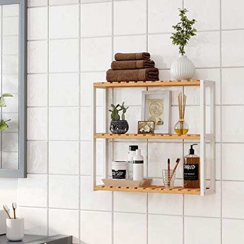 Songmics bambus badeværelseshylde, 3-lags justerbare planter rack, vægmonteret eller stå, i stuen, balkon, køkken, naturlig og hvid BCB13WN 2 Songmics bambus badeværelseshylde, 3-lags justerbare planter rack, vægmonteret eller stå, i stuen, balkon, køkken, naturlig og hvid BCB13WN - Billede 2