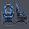 Ergonomisk gaming-stol i sort og blå med udvidelig fodstøtte.