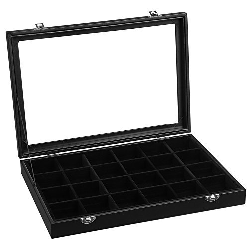 Songmics smykke boks, smykkearrangør med 24 rum, smykker displayboks med glaslåg, sort 1 smykke boks