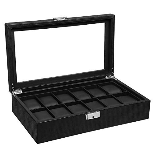 Songmics JWB302H urboks med 12 rum, stor urboks med glaslåg, PU -dækning, fløjlsforing, metallak, god gave til kære, 36,2 x 9 x 21,3 cm, sort 1 Songmics JWB302H urboks med 12 rum, stor urboks med glaslåg, PU -dækning, fløjlsforing, metallak, god gave til kære, 36,2 x 9 x 21,3 cm, sort