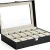 Watch Box med 12 slots, urkasse med glas låg, ur displayboks, metallak, grønlig beige foring