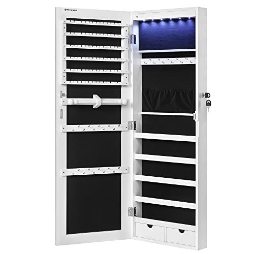 Songmics rammeløse spejlede smykkeskab Armoire, 6 LEDS -smykkearrangør væg hængende eller dørmonteret, stor kapacitet med 2 skuffer, hvid JJC99WT 1 Songmics rammeløse spejlede smykkeskab Armoire, 6 LEDS -smykkearrangør væg hængende eller dørmonteret, stor kapacitet med 2 skuffer, hvid JJC99WT