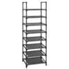 Sort metal sko rack med 8 hylder til opbevaring.