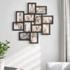 Billedramme til 12 fotos i sort med glasfront og trækorn.