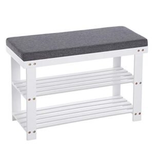 Songmics bambussko bænk, 2-lags skostativ, stabil skoarrangør til indgang, stue, bænk sæde holder op til 150 kg, 71 x 29 x 49 cm, hvid og grå LBS604W01
