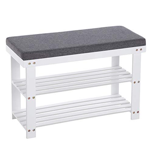 Songmics bambussko bænk, 2-lags skostativ, stabil skoarrangør til indgang, stue, bænk sæde holder op til 150 kg, 71 x 29 x 49 cm, hvid og grå LBS604W01 1 Songmics bambussko bænk, 2-lags skostativ, stabil skoarrangør til indgang, stue, bænk sæde holder op til 150 kg, 71 x 29 x 49 cm, hvid og grå LBS604W01