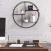 Songmics Industrial Metal Wall hylde, rund flydende hylde med 3 metalnetpaneler, med 2 skruer, 55 dia. X 12 cm, til stue, kontor, køkken, dekoration, sort LFS01BK - Billede 4
