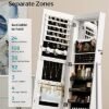 Songmics Jewellery Cabinet Mirror Cabinet Jewellery Arrangør med LED -belysning, justerbar farve og lysstyrke, med rammeløs spejl i fuld længde, indvendigt spejl med belysning, hvid JJC012W01 - Billede 5