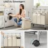 Songmics rullende vaskeri Sorter, vaskeri med 4 aftagelige poser, vaskeri hæmmer, vaskeri, til vaskerum, soveværelse, badeværelse, 4 x 35L, beige LSF005s - Billede 5