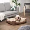 Komfortabel hundeseng i stue med hund og moderne indretning.