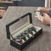 Songmics Watch Box med 6 slots, urkasse med glaslåg, sort syntetisk læder, grøngrå foring - Billede 3
