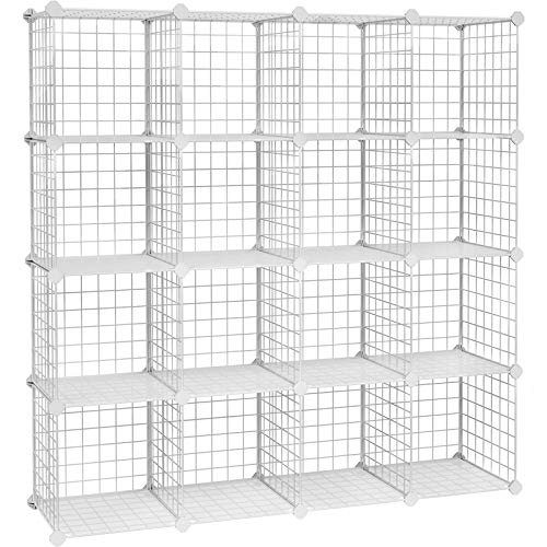 Songmics 16 Cube Metal Wire Storage Organizer, DIY Closet Cabinet and Modular Shelving Grids, Wire Mesh hylder og rack, White LPI44W 1 Songmics 16 Cube Metal Wire Storage Organizer, DIY Closet Cabinet and Modular Shelving Grids, Wire Mesh hylder og rack, White LPI44W