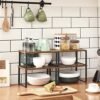 Songmics Spice Racks, Sæt med 4, køkkenhylder, udvidelig køkkenarrangør, Stackable, Metal and Chipboard, hyldeindsats, til køkkenskab, køkken, vintage brun-sort KCS021X01 - Billede 2