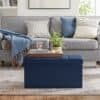 Moderne opbevaringsbænk i mørkeblå foran sofa i stue.