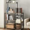 Vasagle køkkenhylde, stående hylde med metalkurv, Baker's rack med 6 S-Hooks og hylder, mikrobølgehylde, krydderi rack, til gryder og pander, industriel design, eg brun/sort KKS035B50 - Billede 3