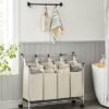 Songmics rullende vaskeri Sorter, vaskeri med 4 aftagelige poser, vaskeri hæmmer, vaskeri, til vaskerum, soveværelse, badeværelse, 4 x 35L, beige LSF005s - Billede 2