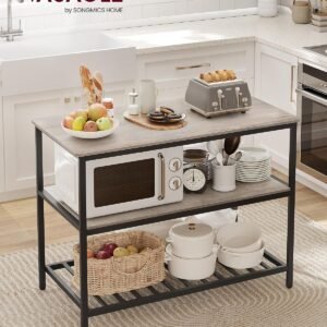 Vasagle Kitchen Island med 3 hylder, 47,2 tommer køkkenhylde med stor bordplade, stabil stålstruktur, industriel, let at samle, greige og sort ukki001b02