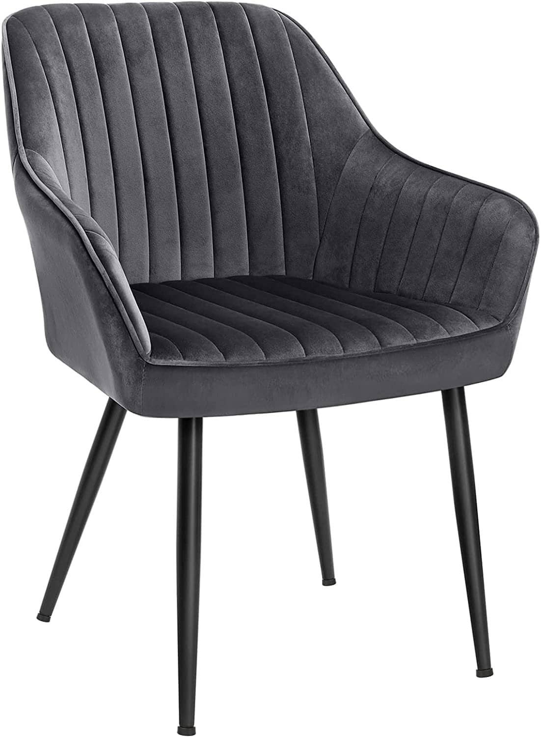 Elegant, grå polstret stol med armlæn og sorte ben.