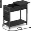 Vasagle sidebord med strømstrimmel, smal sidebord med USB -porte, tasker, natbord, til stue, soveværelse, sort træeffekt Let311b56
