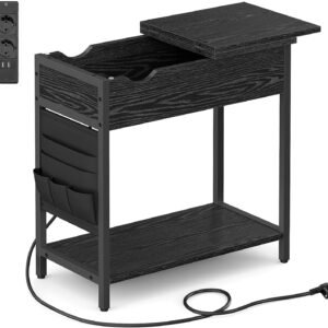 Vasagle sidebord med strømstrimmel, smal sidebord med USB -porte, tasker, natbord, til stue, soveværelse, sort træeffekt Let311b56