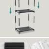 Sort skostativ med 10 lag, pladsbesparende design, metalramme og stofhylder.