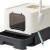 Feandrea lukket kuldkasse til katte, toilethus, aftagelig bakke, skovl, børste, til store katte, belastningskapacitet 15 kg, anti-mærke, anti-leakage, beige og sort PPT001W01