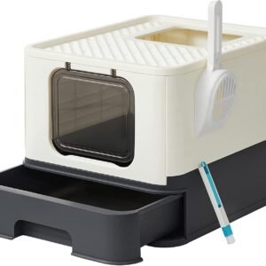 Feandrea lukket kuldkasse til katte, toilethus, aftagelig bakke, skovl, børste, til store katte, belastningskapacitet 15 kg, anti-mærke, anti-leakage, beige og sort PPT001W01